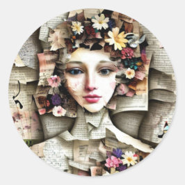 Pegatina Redonda Collage Art | Chica Bonito hecho de páginas de lib