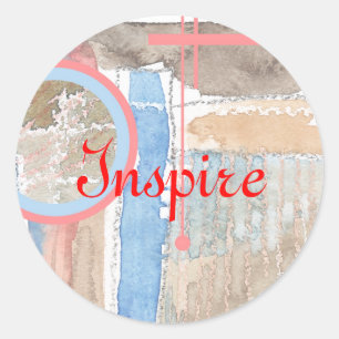 Pegatina Redonda collage de arte abstracto, medios mixtos y acuarel