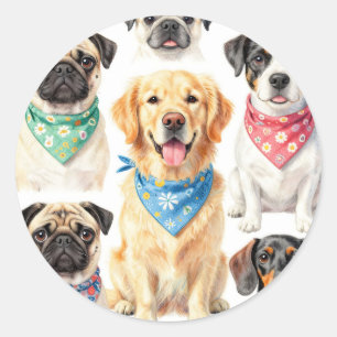 Pegatina Redonda Collage de bandana de retratos de cachorros adorab