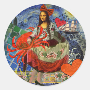 Pegatina Redonda Collage de Mona Lisa Noche Estrellada: Surrealista