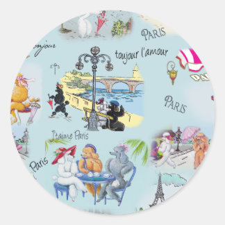 Pegatina Redonda Collage de retro Paris Poodle
