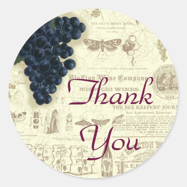 Pegatina Redonda Collage de uva de vino de época (Anverso)