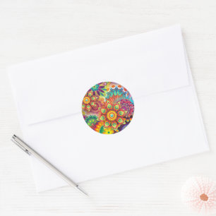 Pegatina Redonda Collage Floral Mandala Psicodélico