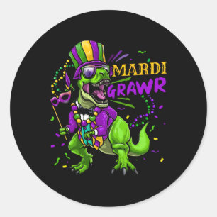Pegatina Redonda Collar de cuentas Mardi Gras Dabbing T Rex Dinosau