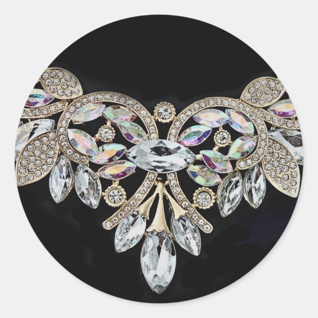 Pegatina Redonda Collar de diamantes negro plateado (Anverso)