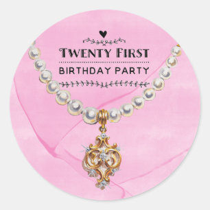 Pegatina Redonda Collar de Perla Rosa Elegante Fiesta de Cumpleaños
