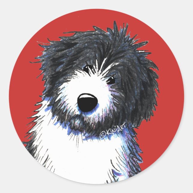 Pegatina Redonda Collie con barba de KiniArt (Anverso)