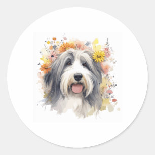 Pegatina Redonda Collie con barba entre flores silvestres 1