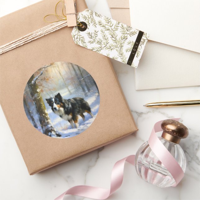 Pegatina Redonda Collie de la frontera deja que nieve Navidades (Regalar)