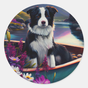 Pegatina Redonda Collie fronteriza en un remo: Una aventura escénic