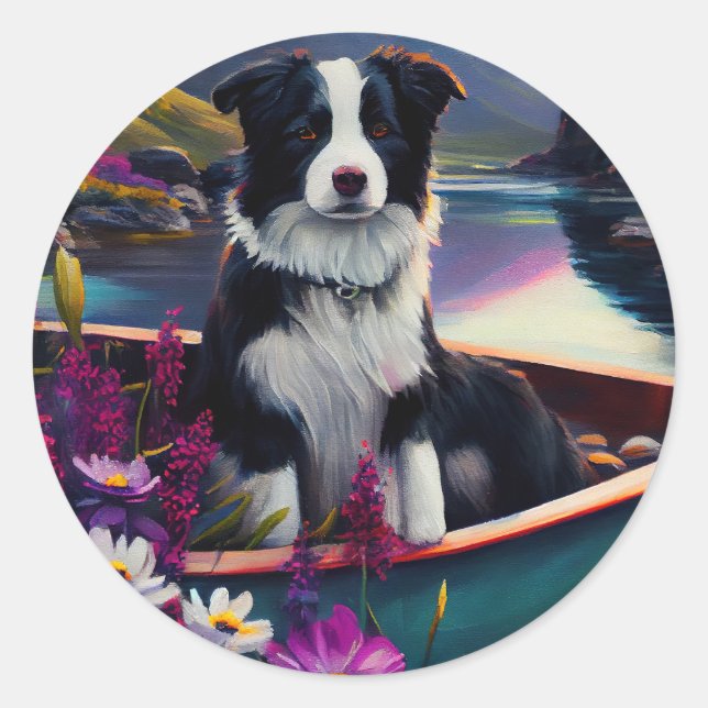 Pegatina Redonda Collie fronteriza en un remo: Una aventura escénic (Anverso)