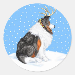 Pegatina Redonda Collie Navidades Reindeer Tri