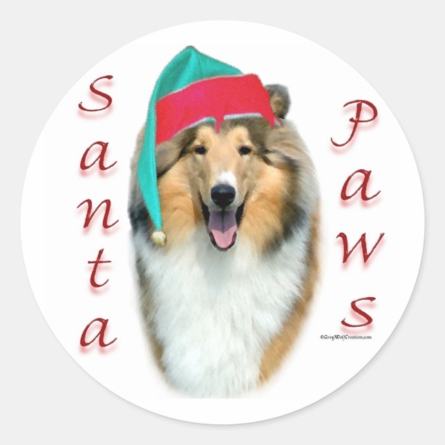 Pegatina Redonda Collie (rudo) Santa Paws (Anverso)