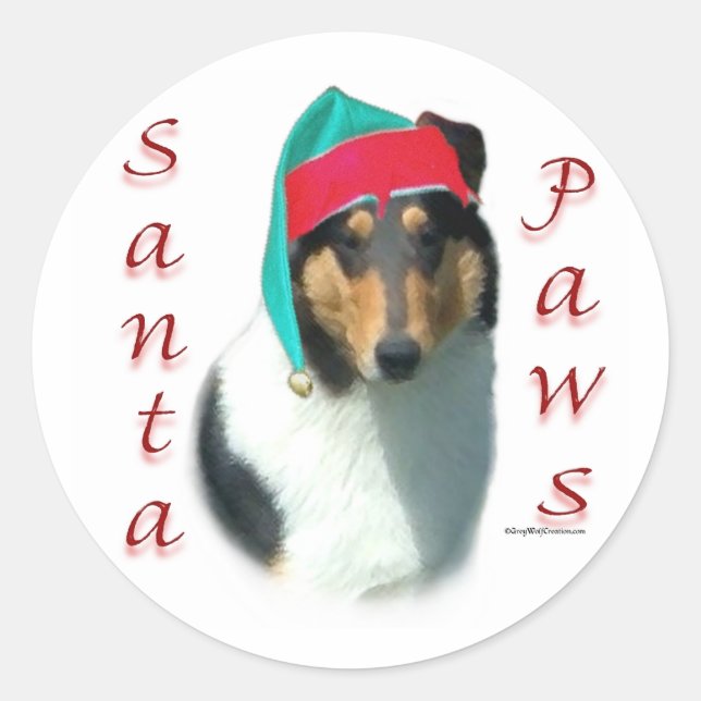 Pegatina Redonda Collie (suave) Santa Paws (Anverso)