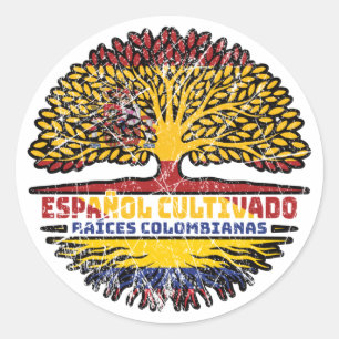 Pegatina Redonda Colombia España Colombia Bandera de árboles españo