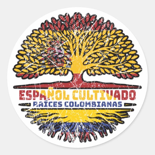 Pegatina Redonda Colombia España Colombia Bandera de árboles españo (Anverso)