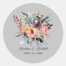 Pegatina Redonda Color de agua de Bouquet floral bohemio