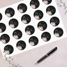 Pegatina Redonda Color de agua floral elegante de Rubor y negro