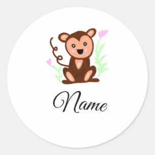 Pegatina Redonda color de agua marrón mono animal añadir nombre de 