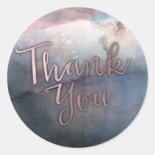 Pegatina Redonda Color de agua moderno Azul y Rosa Favor Rosa Oro