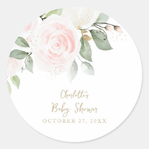 Pegatina Redonda Color de agua rosa floral Gold Baby Shower