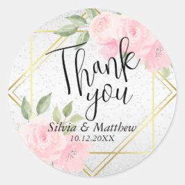 Pegatina Redonda Color de agua rosa Floral y Purpurina blanco