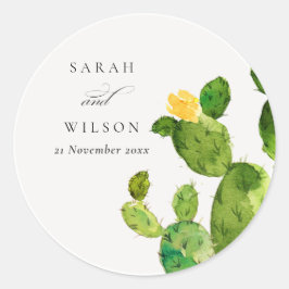 PEGATINA REDONDA COLOR DE AGUA VERDE DESIERTO CACTUS FLORES MONOGRA