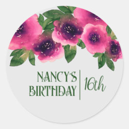 Pegatina Redonda Color de agua verde rosas rosadas 16 cumpleaños