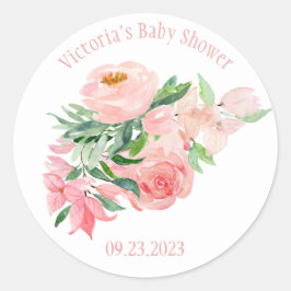 Pegatina Redonda Color de la acuarela rosa Floral Nombre Fecha Chic