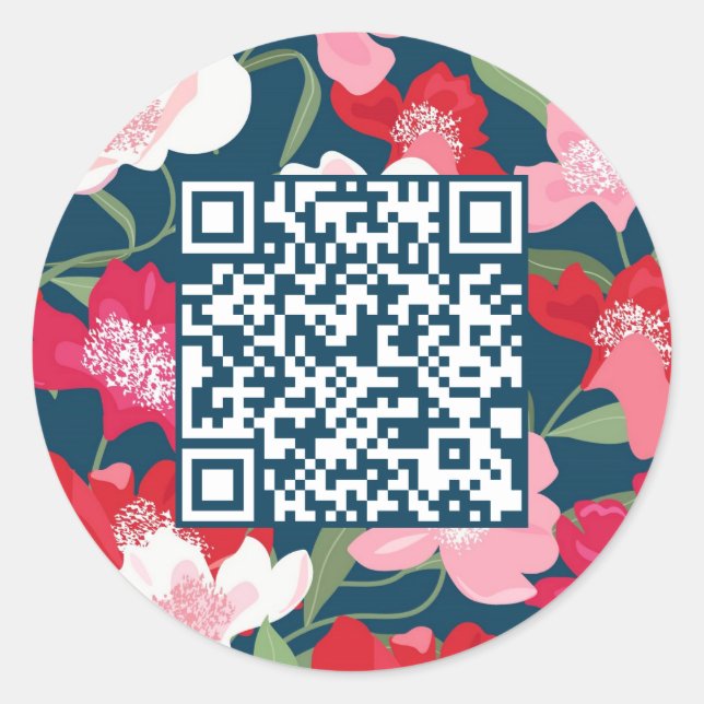 Pegatina Redonda Color rojo Floral QR código azul (Anverso)
