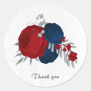 Pegatina Redonda color rojo oscuro y flores azul marino plateado