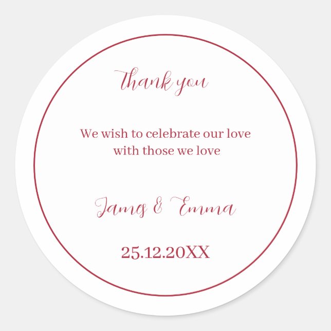 Pegatina Redonda Color rojo simple de casamiento personalizado (Anverso)