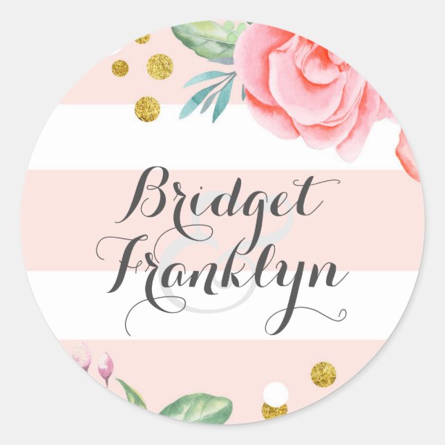 Pegatina Redonda Colorante de agua floral rosa rayas de confetti de (Anverso)