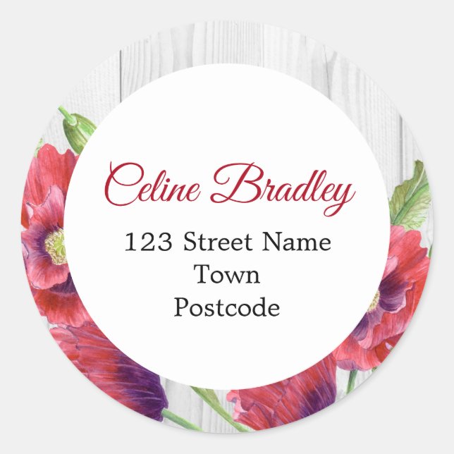 Pegatina Redonda Colorante de agua vibrante rojo Poppies dirección  (Anverso)