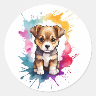 Pegatina Redonda Colores de agua Splash Art Puppy Dog Splatt Paint