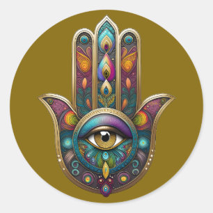 Pegatina Redonda Colores de pavo real Hamsa con tercer ojo de oro