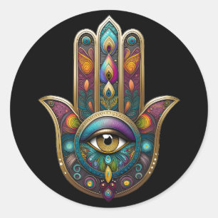 Pegatina Redonda Colores de pavo real Hamsa con tercer ojo de oro
