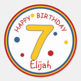 Pegatina Redonda Colores primarios Feliz cumpleaños número 7