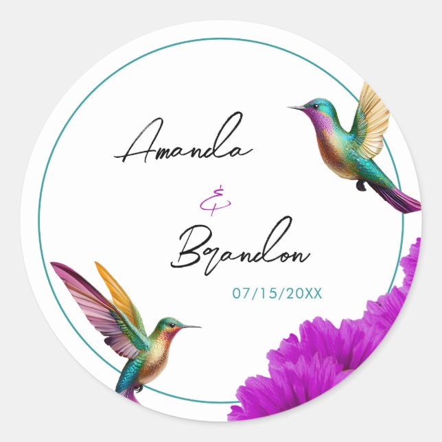 Pegatina Redonda Colorful Hummingbirds Purple Daisies Wedding (Anverso)