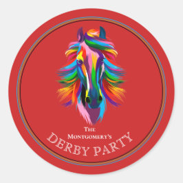 Pegatina Redonda Colorful Racehorse Derby Party Red