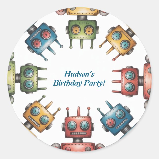 Pegatina Redonda Colorful Retro Robots Boy Birthday Party (Anverso)