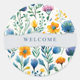 Pegatina Redonda Colorful Tropical Floral Watercolor Welcome Paper 