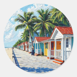 Pegatina Redonda Colorful Tropical Vibrant Beach Huts