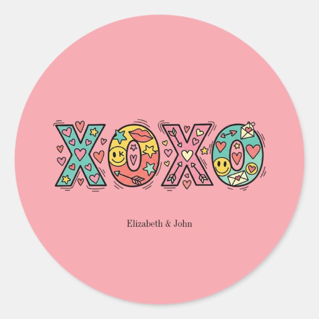 Pegatina Redonda Colorful Whimsical "XOXO" Valentine's Day   (Anverso)