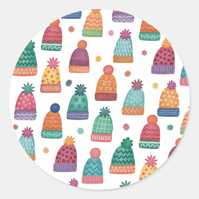 Pegatina Redonda Colorful Woolly Hats Winter (Anverso)