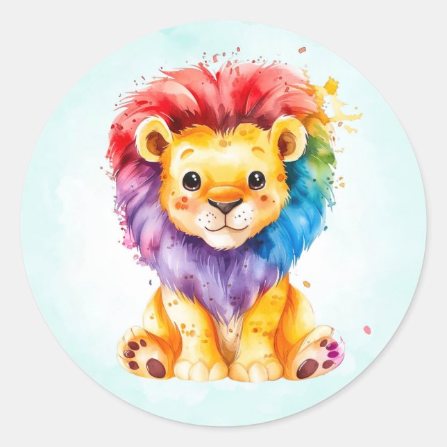 Pegatina Redonda Colorida acuarela león cualquier género Baby Showe (Anverso)