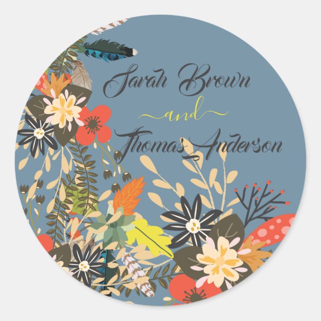 PEGATINA REDONDA COLORIDA BOHO DE FLORAL AZUL (Anverso)