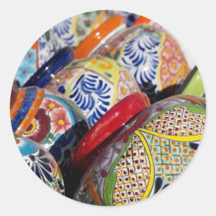 Pegatina Redonda Colorida cerámica tradicional mexicana pintada a 