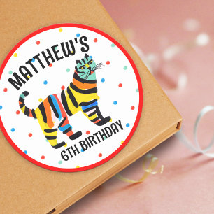 Pegatina Redonda Colorida fiesta de cumpleaños del gato de la jungl