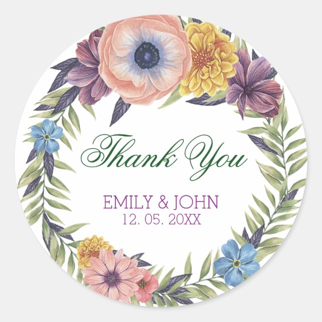 Pegatina Redonda Colorida floral Wreath-Gracias (Anverso)